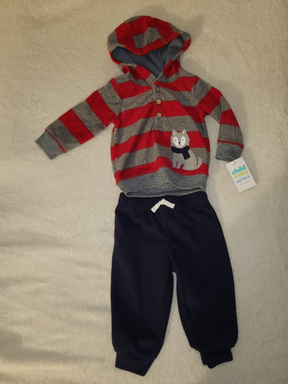 Child of Mine Carter's 2 Pc Outfit 6-9M Hoodie Pants Wolf NWT Baby Boy Red Gray
